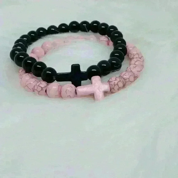 Black Pink Duo Natural Stone Cross Bracelet - Picture 3 of 5